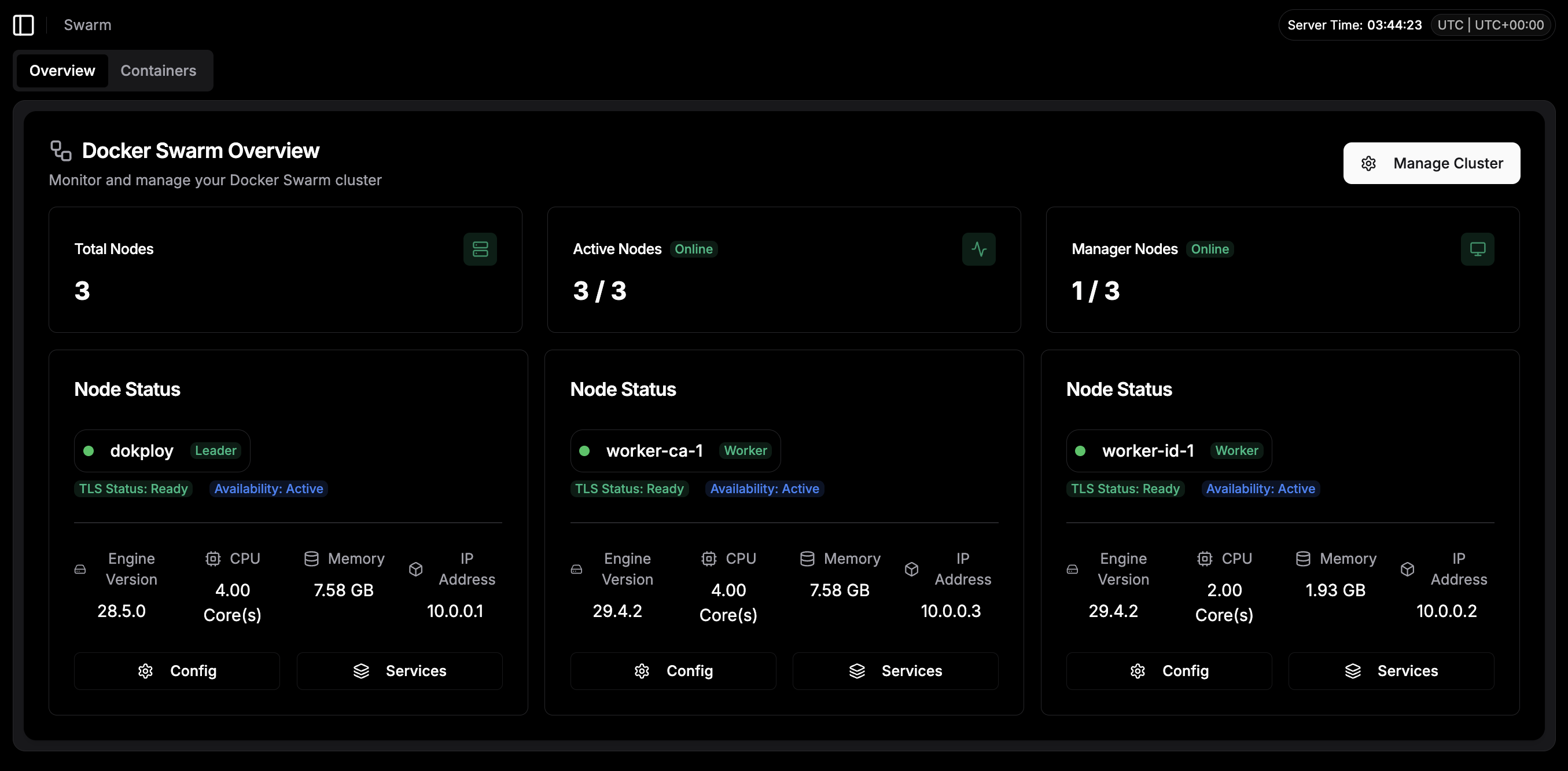 Dokploy swarm overview showing three nodes: a leader named dokploy, a worker in Canada, and a worker in Jakarta